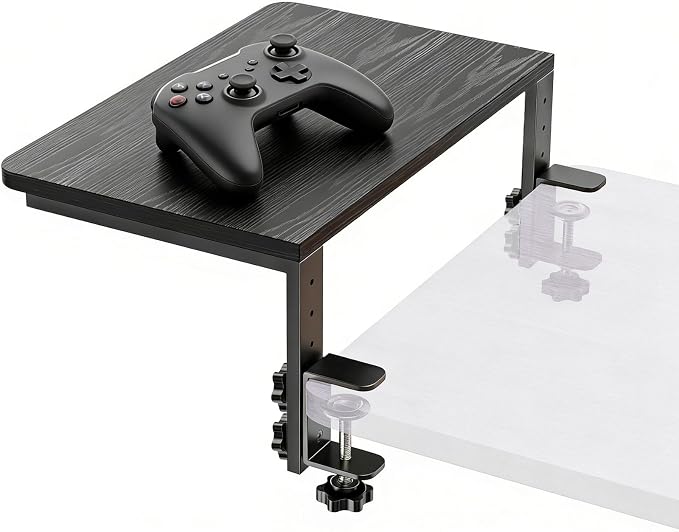 Clamp On Desk Extender, Monitor Riser Shelf, 44 lb Load | Height options, No-drill setup, Heavy duty frame, Office station, Gaming PC area, Home workspace, Storage layer, Black finish