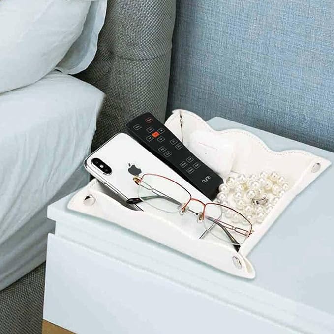 Valet Tray for Men Women 2 Pack - PU Leather Travel Catchall Tray Organizer - Desk Bedside Nightstand Storage Box for Jewelry Key Phone Remote Controller Wallet Watch Glasses Readers -White