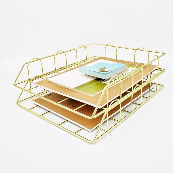 JIARI 2 Pack Desk Organizer Stackable Letter Tray Paper Organizer, Metal Desk Organizer Tray for Letter/A4 Paper Storage, for Office Supplies (Gold 2 Pack)