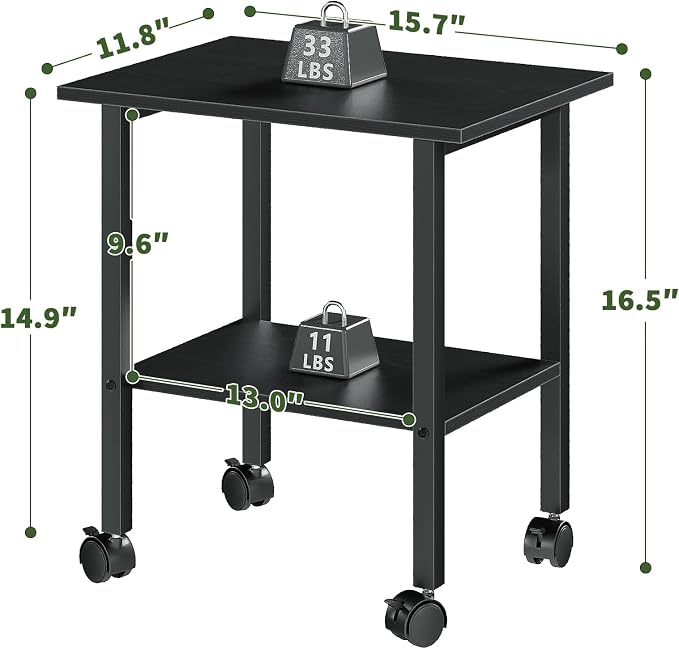 2 Tier Printer Stand with Storage, Under Desk Printer Table, Space-Saving Printer Table with Locking Wheels, Rolling Printer Cart for Home Office, Black
