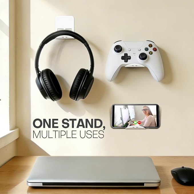 Wall Mount Headphone Stand, 2-in-1 Bendable Silicone Controller Holder, Adhesive Under Desk Hook for Gaming Office & Home, Fits All Headphones for PS5 Xbox Controllers - 1 Pack (Black/White)