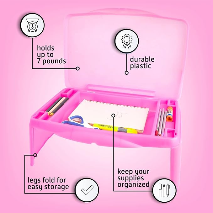 MAVOCRAFT Foldable Kids Lap Tray with Storage - Portable Lap Desk Kids & Adults - Kids Lap Desk for Breakfast in Bed, Serving Tray, Car Desk & Gaming (Pink)
