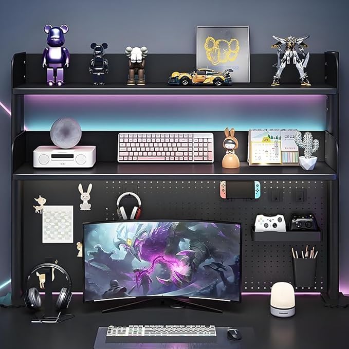 CHSSIH Clamp On Desk Pegboard Shelf - Metal Desktop Organizer Hutch with 2 Shelves for Storage and Display, Desk Add-On Shelf for Office, Dorm, or Computer Monitor Stand, Black, 31.4In