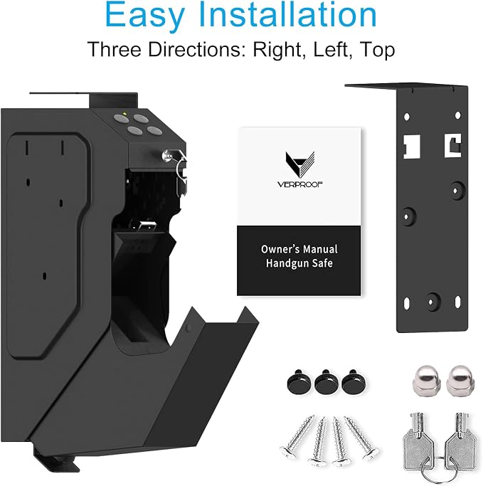 VERPROOF Gun Safe Quick Access Handgun Firearm Safes for Pistols Drop Down Single Gun Safety for Nightstand Wall Mount Bedside Desk Vehicle Bed Personal Safe with Keypad Lock and Key Lock