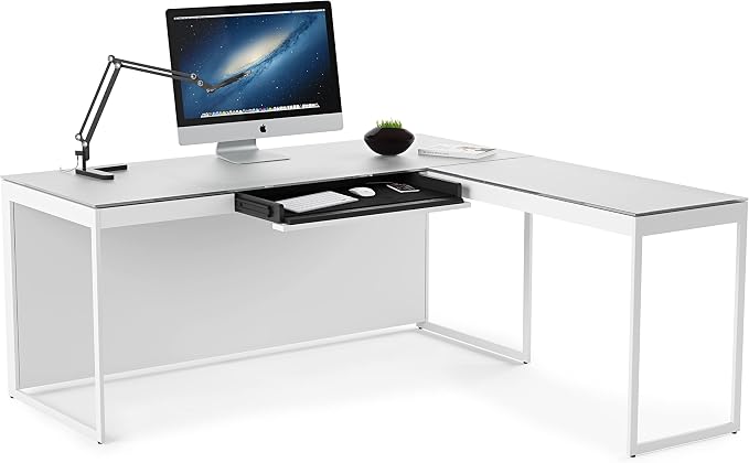 BDI Furniture Centro 6402 Office Desk Return, 40" x 18" for use on Left Side or Right Side of Centro 6401 Office Desk, Satin White/Grey Etched Glass