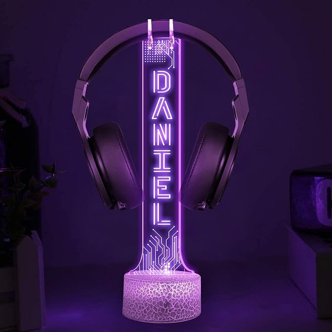 Personalized LED Headphone Holder with RGB Lights, Custom Gamer Desk Organizer, Headset Display Stand for Gaming Setup, Christmas or Birthday Gift for Boyfriend, Teen Gamer or Streamer