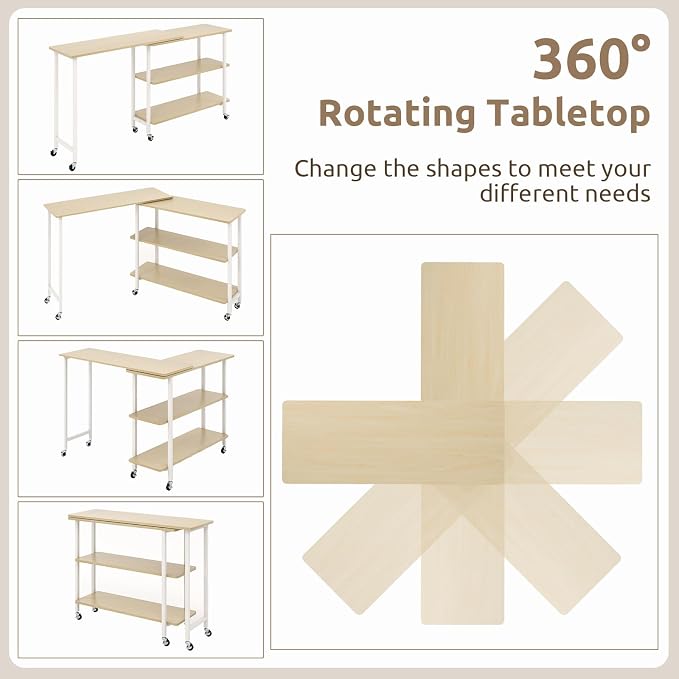 Tangkula 360° Rotating Sofa Side Table, Patented Mobile End Table with 2-Tier Storage Shelves, Swivel Rolling Desk with 6 Lockable Wheels, Metal Frame, Movable Laptop Table Couch Snack Table for Home