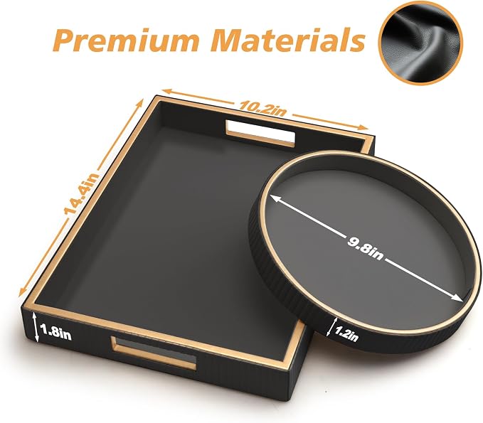 SANZIE Leather Tray Desktop Storage Organizer Premium Serving Tray Decorative Trays Valet Trays for Sundries Cosmetics Phone Wallet Cutlery (Black Holder with Disc)