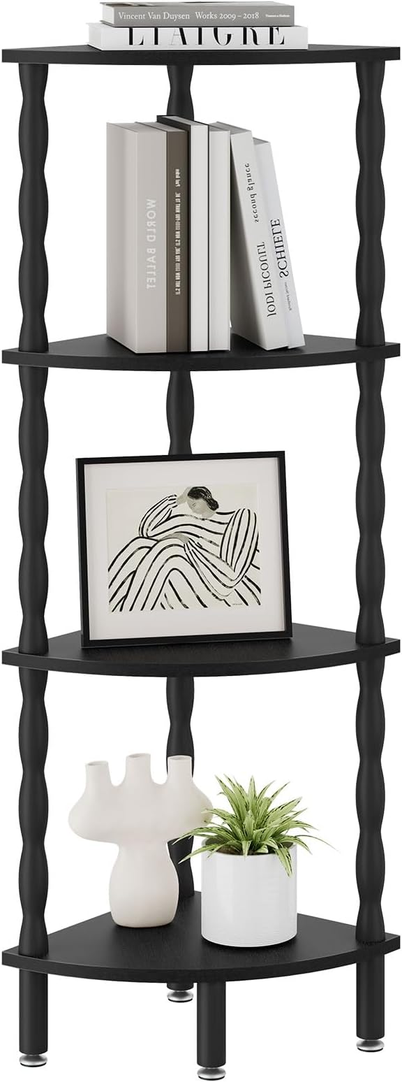 IBUYKE 4-Tier Corner Shelf,Stylish Corner Bookshelf for Small Spaces,Industrial Corner Storage Display Shelves,Small Corner Table for Bedroom,Bathroom,Kitchen, Black WBC019B