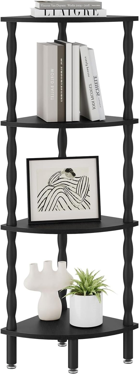 IBUYKE 4-Tier Corner Shelf,Stylish Corner Bookshelf for Small Spaces,Industrial Corner Storage Display Shelves,Small Corner Table for Bedroom,Bathroom,Kitchen, Black WBC019B