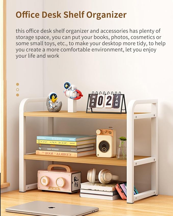 Office Desk Shelf Organizer, Wood Desktop Bookshelf Supplies Storage Rack, Shelf for Top of Desk and Dresser and Cubicle Decor Aesthetic Bookshelf