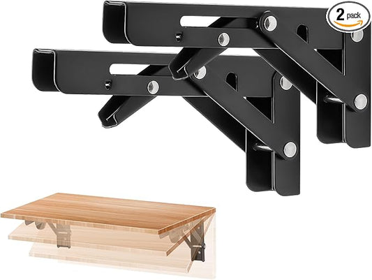 Ravinte 2 Pack 6 Inch Folding Shelf Brackets – Matte Black, Heavy Duty Collapsible Brackets for Tables and Benches – Space-Saving Design