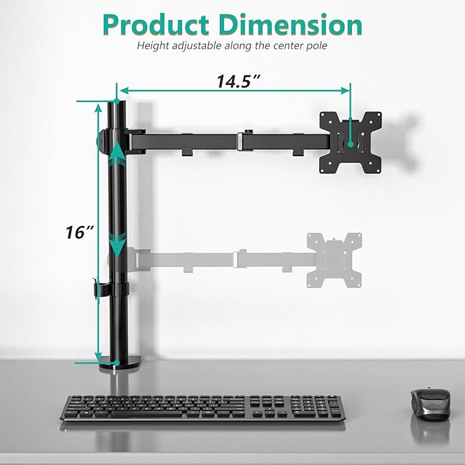 WALI Single Monitor Mount, Single Monitor Arm Desk Mount, Up to 32 inch Ultrawide, Regular Screens up to 27 inches, 22lbs, Adjustable Mount with C-CLAMP for Home Office Application(M001), Black