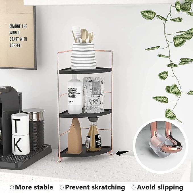 3-Tier Bathroom Countertop Organizer, Vanity Tray Cosmetic & Makeup Storage, Kitchen Spice Rack Standing Shelf, Corner Storage Shelf, Black & Rose Gold