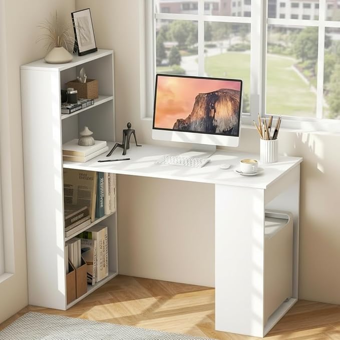 Tangkula White Computer Desk with Bookshelf, Writing Study Desk with Storage Shelves & CPU Stand, Modern Compact Computer Workstation for Home & Office, Space-Saving Design