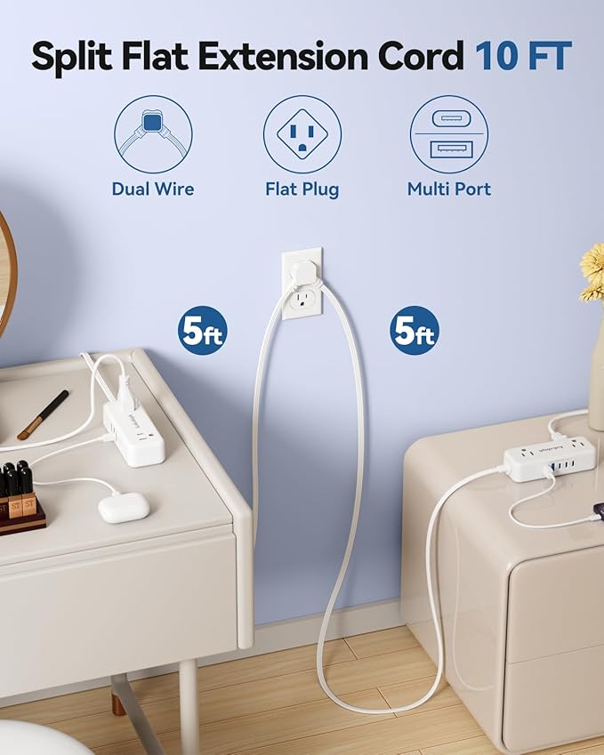 PD30W Split Extension Cord 10FT (5FT on Each Side), Single Flat Plug Twin Extension Cord with 4 AC Outlets, 2 USB-A & 3 USB-C, Nightstand Charging Station for Bedroom, His and Hers