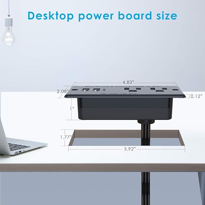 Recessed Power Strip with 2 USB,Flat Plug Ultra Thin Extension Cord,Furniture Desktop Charging Station for Side Table,End Table,Flush-Mount Desk Outlet Power Grommet with 9.85ft Cord Black