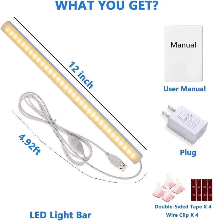JUSJUBR 12-Inch Slim LED Under Cabinet Light with Memory Function, Warm White 3000K Dimmable USB Light Bar for Rooms