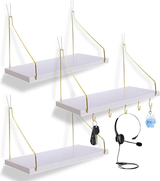 3-Pack Cubicle Shelf For Fabric Walls With Hooks：12x6.0in White Wooden Cubicle Shelf Hanging Organizer Gold Shelves Accessories Office Stylish Ations cubical Decorations For Women Desk work storage