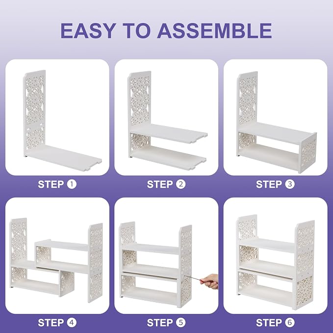 EARTHSON Desk Organizer Shelf, Expandable Bookshelf for Desk, Small Desktop Bookshelf, Mini Cute White Adjustable Office Desk Shelves