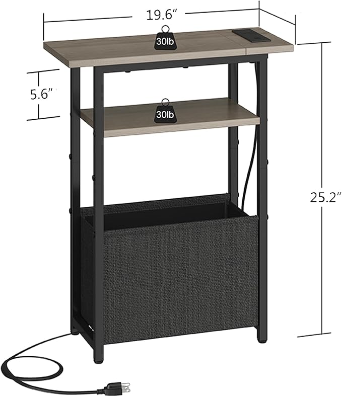 sthmec Narrow Side Table with Charging Station, Small End Table for Small Spaces, Skinny Nightstands with Storage Basket, 3 Tier Sofa Couch Bedside Tables for Living Room,Bedroom, Grey
