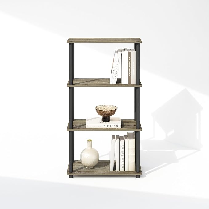 Furinno Turn-N-Tube Book Shelf, 4-Tier Bookshelf, Bookcase with Multipurpose Compact Display Rack, 11.6 x 23.6 x 43.2, for Living Room, Bedroom, Home Office, French Oak/Black