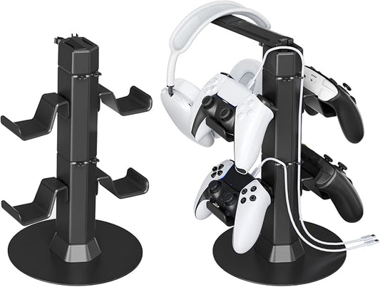 Gaming Controller & Headset Holder Stand for Desk, with Charger Cable Organizer Headphone Stand for PS5/ Xbox/ PS4/ Switch, Metal Base Controller Hook for Storage with 360° Rotatable Hanger- 2 Tiers