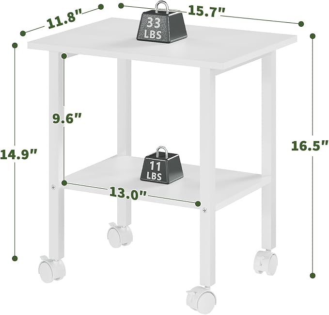 2 Tier Printer Stand with Storage, Under Desk Printer Table, Space-Saving Printer Table with Locking Wheels, Rolling Printer Cart for Home Office, White