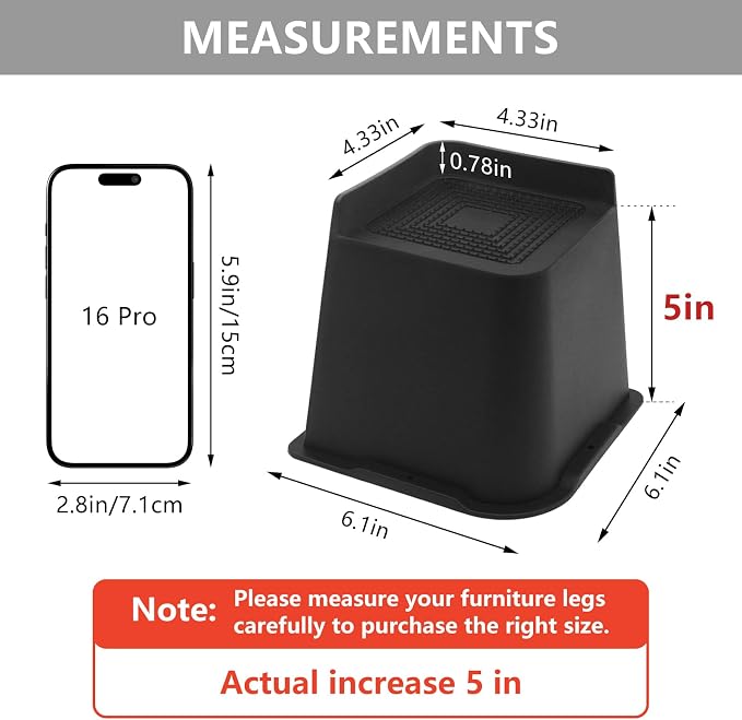 Bed Risers 5 inch Heavy Duty, 6 Pack Oversized Furniture Risers, Black Bed Lifts Risers for Table, Sofa, Chair, Couch, Desk, Bed Frame Risers Supports Up to 6,500 Lbs