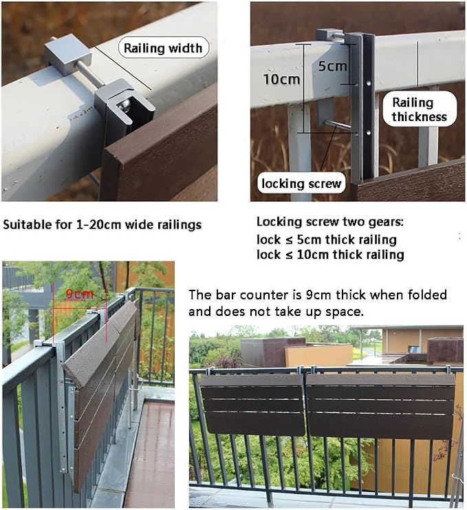 Balcony Bar Table For Railings,balcony Desk,Outdoor Hanging Rail Tables For Deck,Adjustable Height Small Folding Space Saving Serving Desk Countertop Extension Fold Down For Patio,Garden ,Porch ( Colo