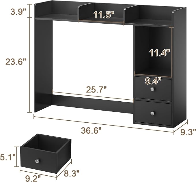 ChooChoo Desktop Bookshelf with LED Lights, 36.6" Dorm Desk Hutch with 4 Shelves and 2 Drawers, Fits 27" Monitor, Desk Organizer Shelf for Dorm Office Home, Black