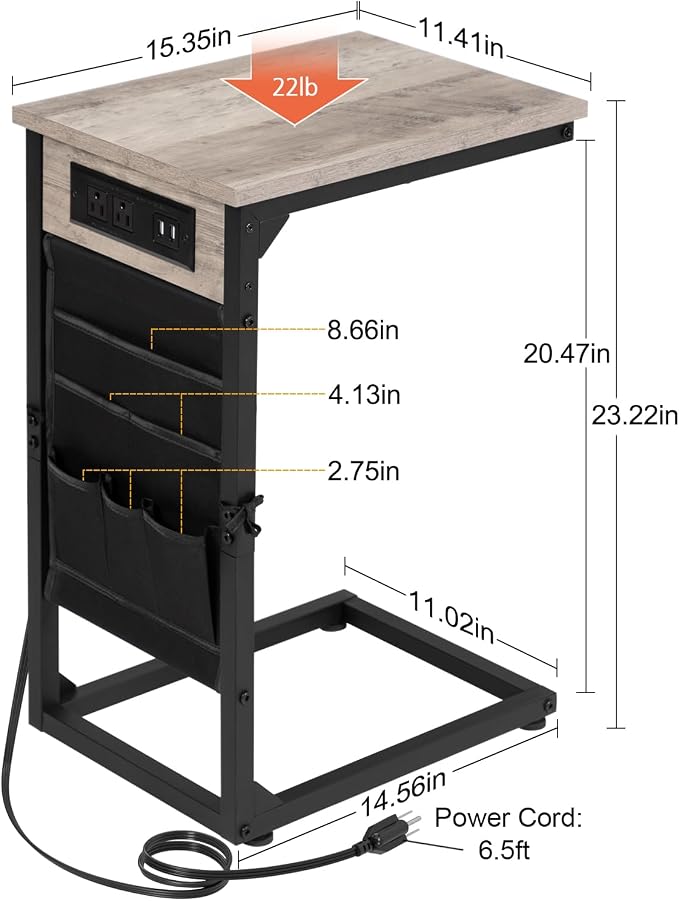 AMHANCIBLE C Shaped End Table with Charging Station, TV Tray Couch Tables with Storage Bag, Slide Under Sofa Side Side Table with USB Ports and Outlets for Living Room, Grey, HET04CGY-1