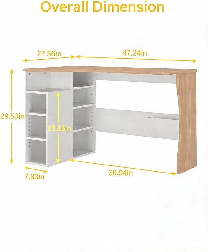 IDEALHOUSE L Shaped Desk with Storage Shelves, Small Corner Desk for Small Spaces, Reversible Table with 3 Tier Shelves, Home Office, Writing Study Gaming Desk Oak Wood