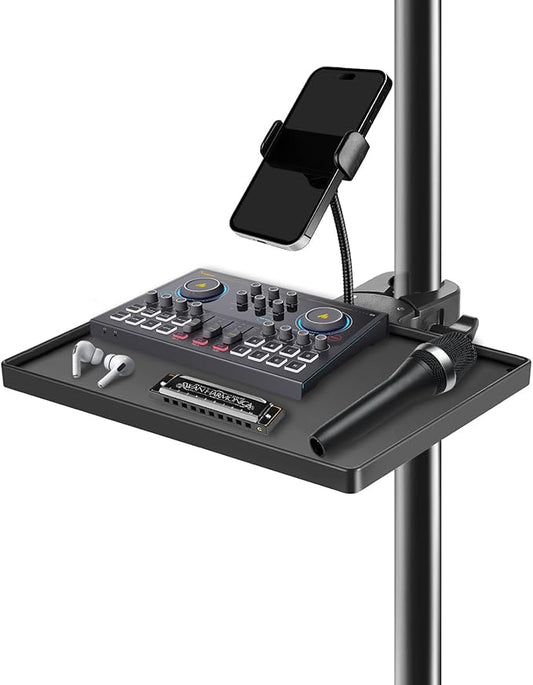 BILIONE Mic Stand Tray with Gooseneck Phone Holder, 10.6" X 7.8" Microphone Stand Tray Crab Clamp On Music Stand Floor Shelf Pole Mount, Karaoke Accessories
