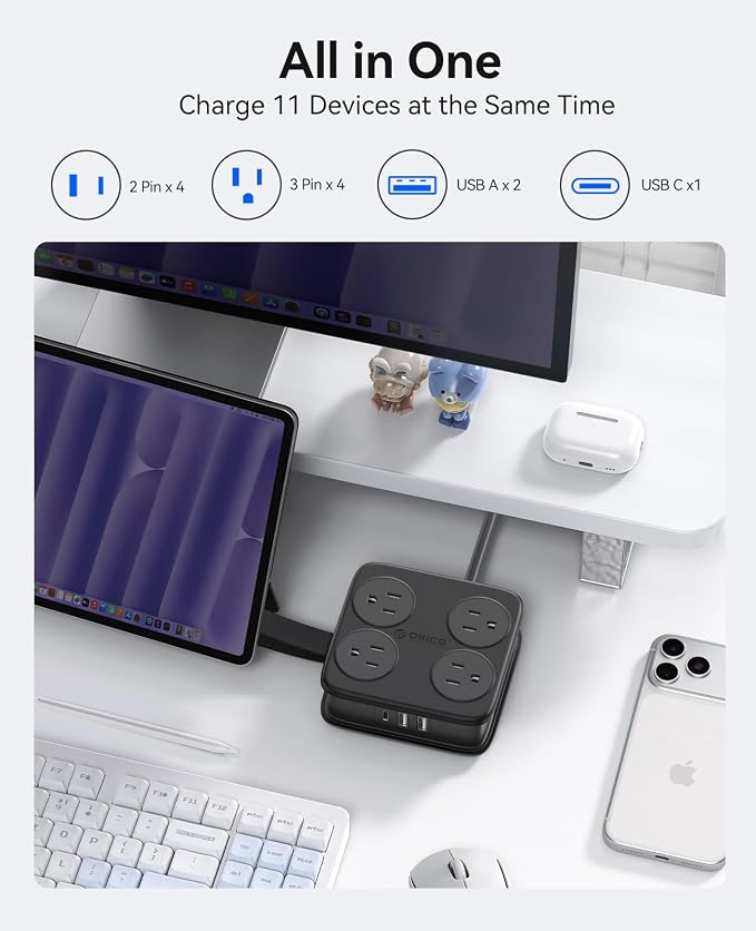 5 Ft Extension Cord with 3 USB Ports, ORICO Power Strip for Desktop, 4 Side Outlet Extender(8 AC) & Flat Plug, 11 in 1 Charging Station for Home/Office/Dorm -AP3 PRO