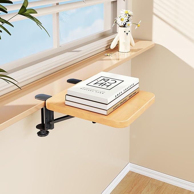 Foldable Small Window Sill Extender Clamp, Removable Desk Extension Shelf, Compact Countertop for Work & Study, Space-Saving Organizer Solid Wood 17.5x25cm(6 7/8x9 7/8")