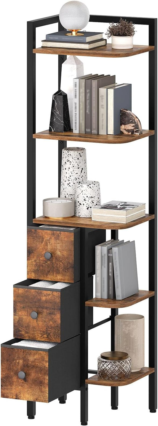 YATINEY Corner Shelf Stand, 5-Tier Corner Bookshelf with 3 Drawers, Industrial Display Shelf for Narrow Spaces, Wooden Small Bookcase, Easy Assembly, Rustic Brown and Black CJ10BR
