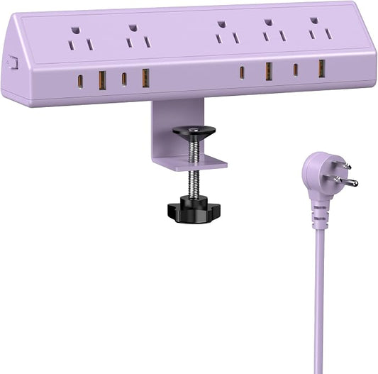 Jgstkcity Desk Clamp Power Strip,65W Fast Charging Station,4 USB-C,4 USB-A,1200J Surge Protector,ETL Listed,1875W Extension Cord,Multiple Outlets for Home, Office (Purple, 6 FT Cable)