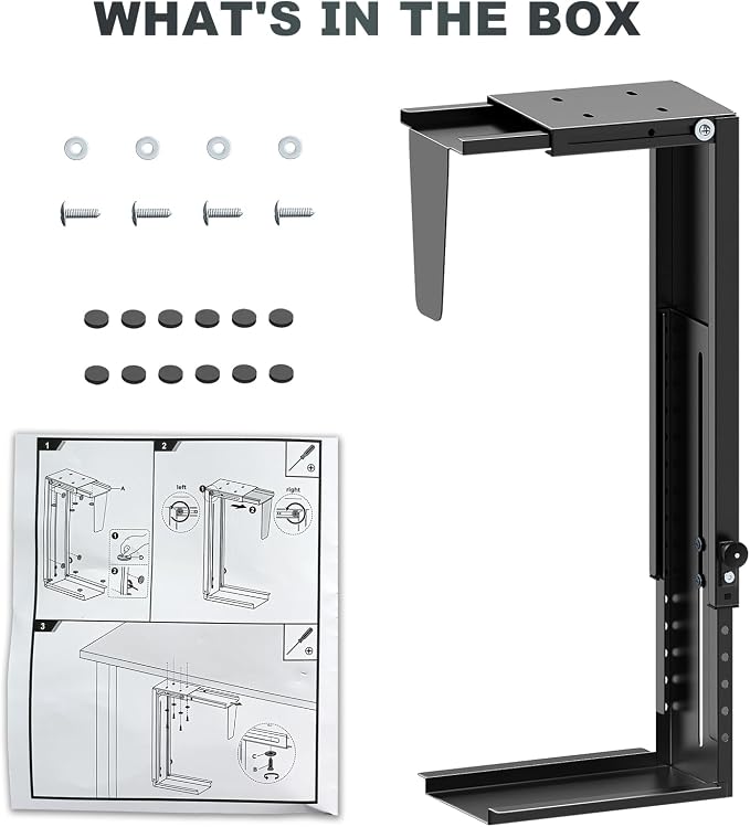 Heavy Duty Under Desk PC-Mount - Fits Most Middle & Full Tower, Height Adjustable Underdesk Computer Mount Holder with Protective Padding, Max Load 55lbs, Black