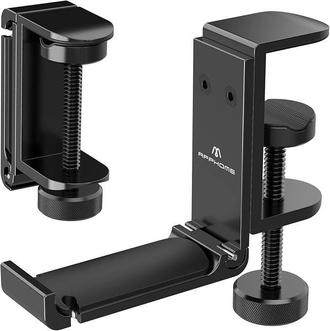 Foldable Headphone Stand Under Desk, Metal Headset Holder Hook for Desk with Cable Organizer, Space-Saving Desk Bag Hook & Backpack Hanger for Gaming Office, Universal Fit, Black