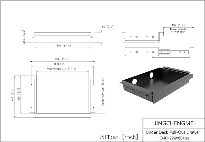 Under Desk Mounted Sliding Pull-out Drawer, W 15.3" x D 8.8" Storage Organizer for Sit Stand Workstation, Metal, Black (Medium)