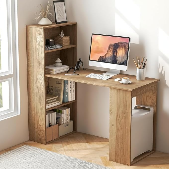 Tangkula Computer Desk with Bookshelf, Writing Study Desk with Storage Shelves & CPU Stand, Modern Compact Computer Workstation for Home & Office, Space-Saving Design(Natural)