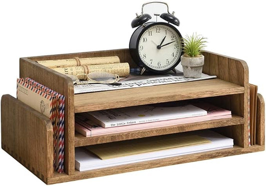 KIRIGEN Wood Desk Organizer 5 Trays, 3-Tier Desktop Document Letter Tray with Side Slots, Fully Assembled Mail Sorter and File Folder Holder for Home Office, Brown 2TP-DBR
