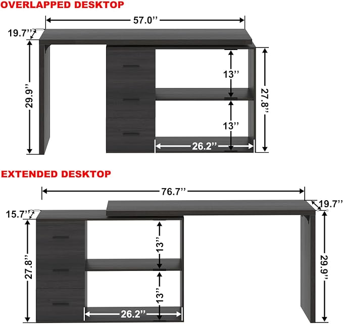 HSH L Shaped Desk with Drawers, Shape Computer Storage Cabinet Shelves, Reversible Modern Industrial Home Office Corner Desk, Rustic Wood Executive Writing Gaming Study Table, Gray 55 Inch