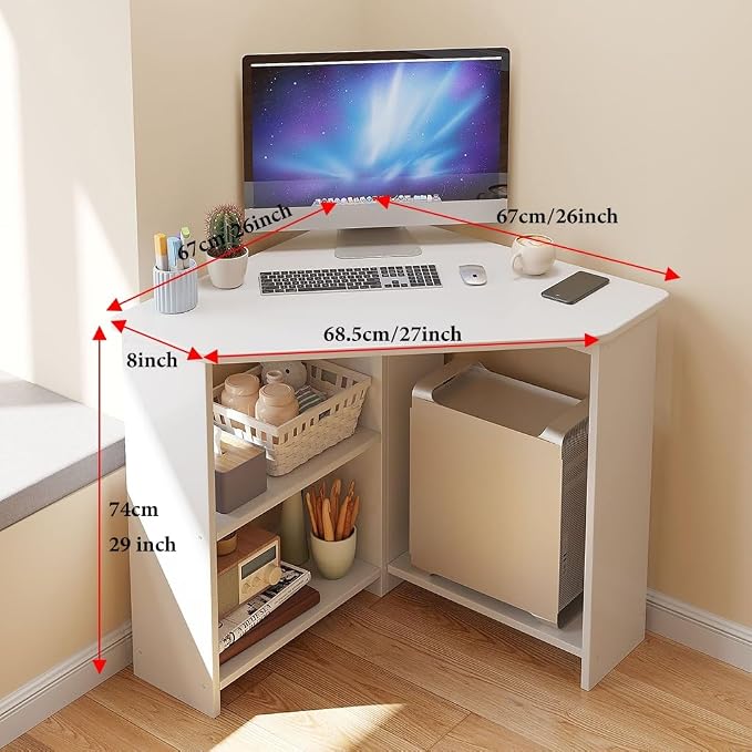 GIZNXBA Corner Desk with 3 Tier Torage Shelves, 90° Triangle Corner Table with CPU Stand for Small Space, Computer Table Makeup Vanity Desk for Home Office Bedroom (Color : /White, Size : 67cm)