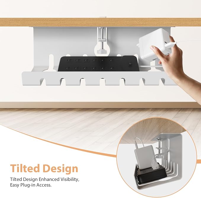 Syeeiex Under Desk Cable Management Tray, 34" Total Length (17"×2 Set), No-Drill C-Clamp & Screw Mount, Heavy Duty Metal Cord Organizer with 10 PCS Cable Ties, for Office Home Workspace, White, 2-Pack