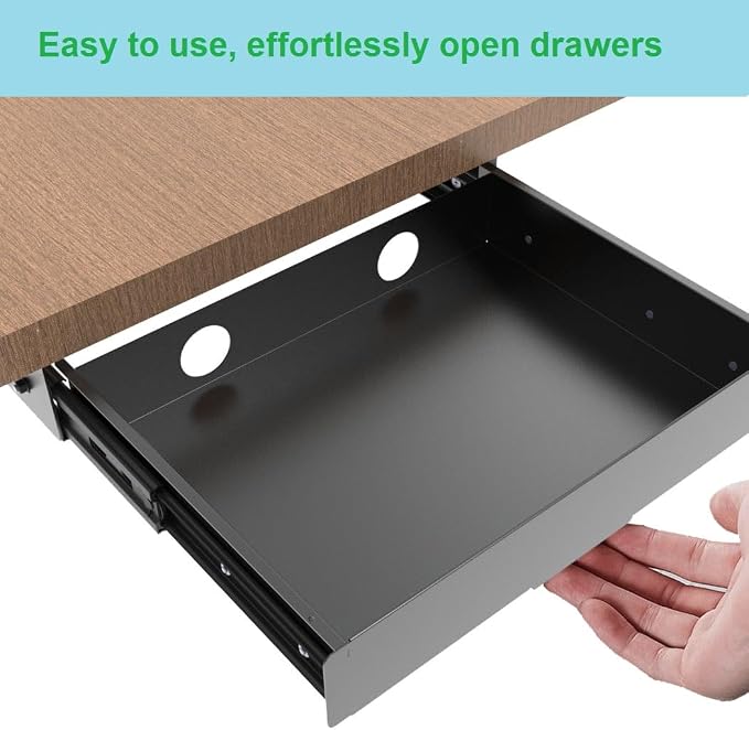 Under Desk Mounted Slide out Drawer, W 13.4" x D 9.3" Storage Organizer with Cable Management，Pull Out Add-On Storage for Office & Standing Desks with High Crossbar, Metal, Black (Medium)