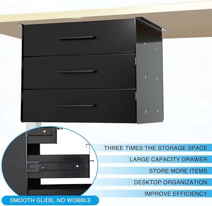 Menkxi 16'' Under Desk Drawer Slide-out Steel Under Counter Drawers Storage Organizer Large Hidden Pull-out Tray for Table Desks Home Office Workstation(Black,3 Layer)