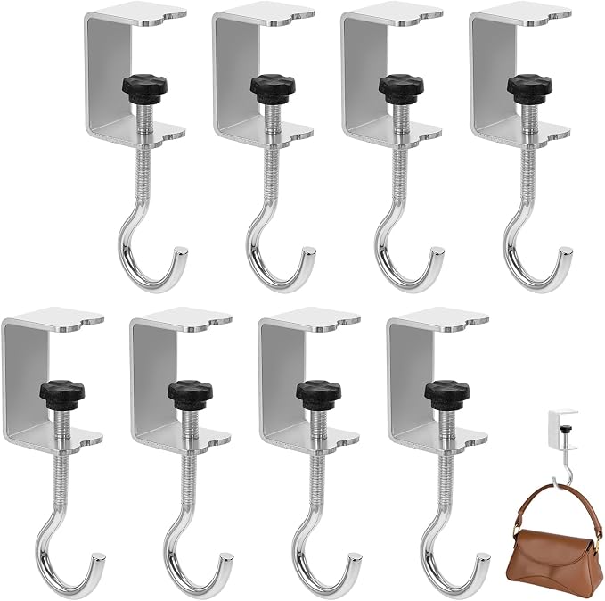 cobee Clamp-On Under Desk Hooks, Desk Mount Hanging Bag Holder Metal Hook Adjustable Headphones Clamp Organizer Portable Purse Hanger Clip Reduce Desk Clutter Table Desk Under Counter (8 Pcs, Silver)