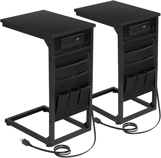 AMHANCIBLE C Shaped End Table with Charging Station, Couch Side Tables that Slide Under Sofa with Storage Bag, Slim TV Tray with USB Ports for Living Room, Bedroom, Black, HET04CBK